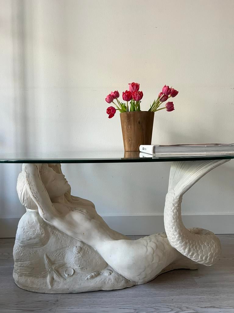 Zeemeermin tafel met losse glazen plaat, Ophalen, Gebruikt, 100 tot 150 cm, Glas
