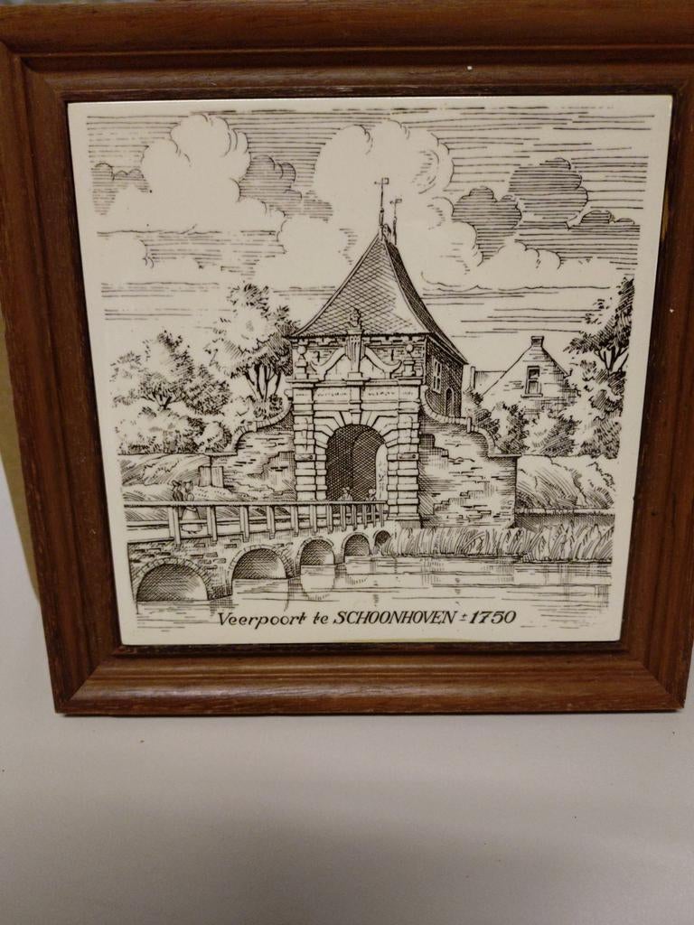 Tegeltableau Veerpoort Schoonhoven 1750 ingelijst, Ophalen of Verzenden