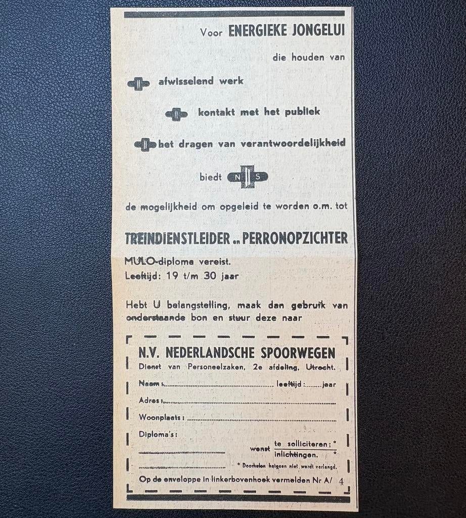 Oude vacature NS ‘Treindienstleider‘ (1959), Verzamelen, Ophalen of Verzenden, Gebruikt, Trein