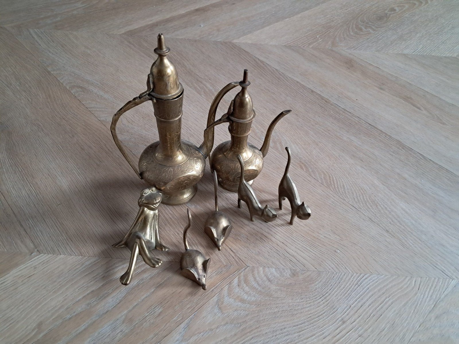 Vintage messing decoratie kannen, kikkers, muizen, katte, Antiek en Kunst, Ophalen