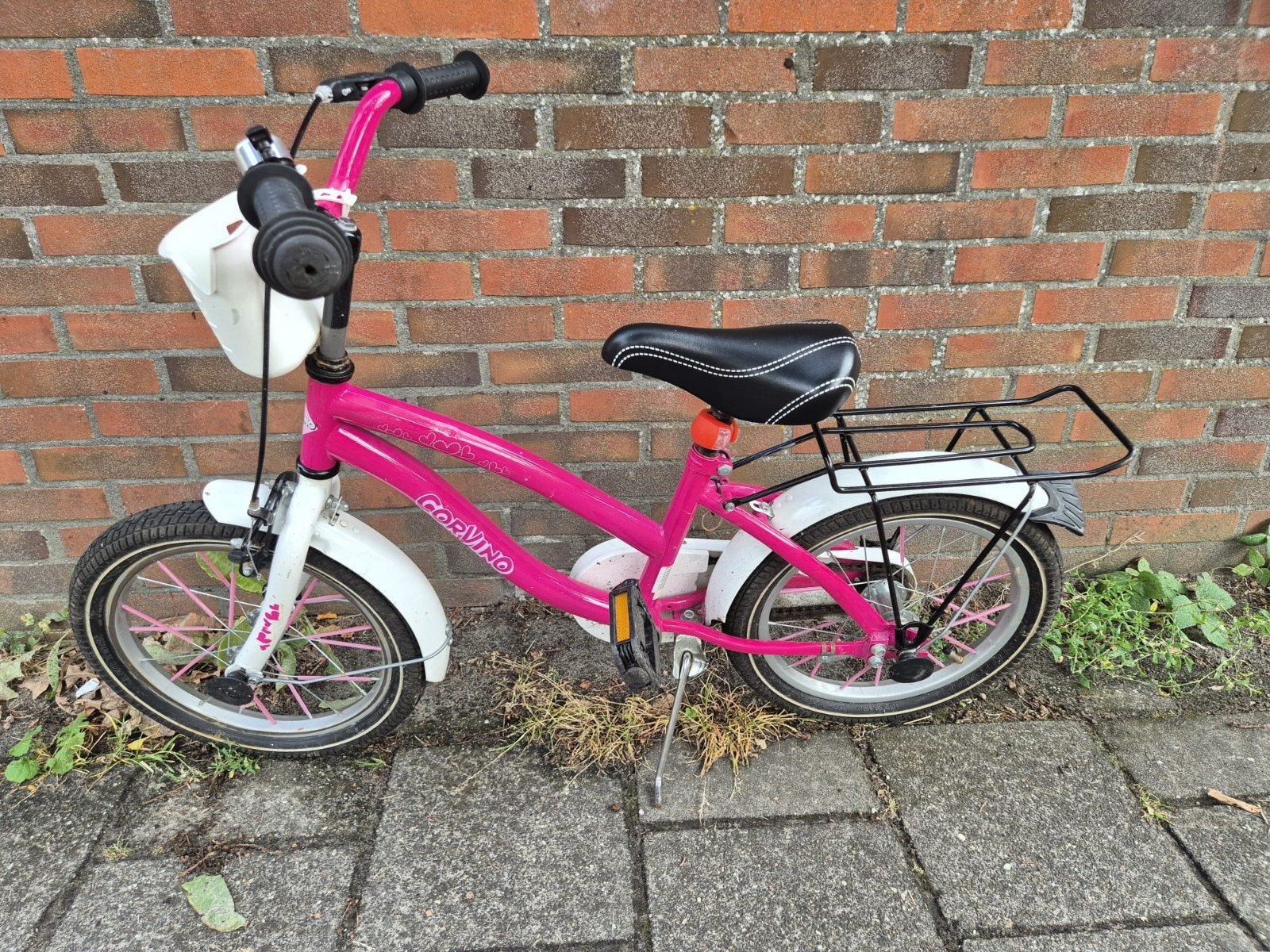 Roze kinderfiets 16 inch met mandje en bagagedrager, Ophalen, Terugtraprem, Corvino, 16 tot 20 inch