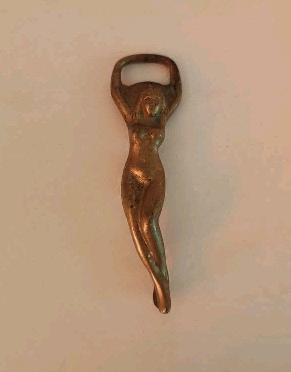 Vintage flesopener naakte vrouw 1960 messing, Antiek en Kunst, Ophalen of Verzenden