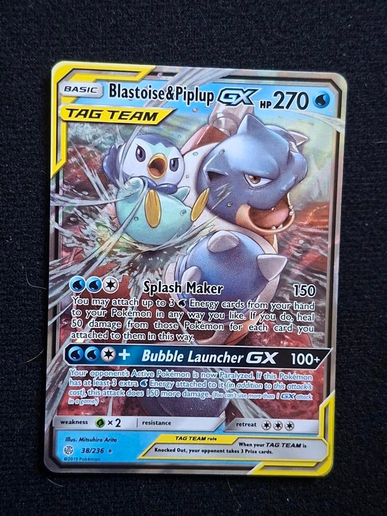Blastoise & Piplup GX 38/236 front NM back PL Pokémon Kaart, Ophalen of Verzenden, Gebruikt, Losse kaart, Foil