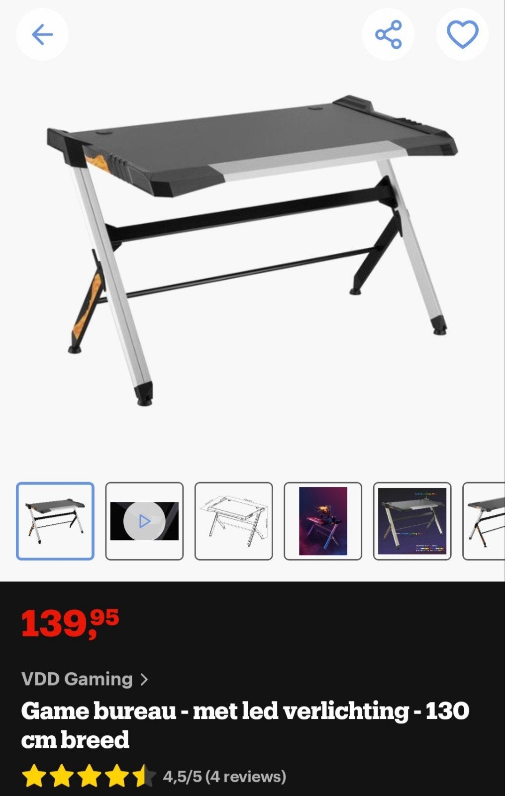 VDD Gaming Bureau met LED verlichting - 130 cm breed, Ophalen