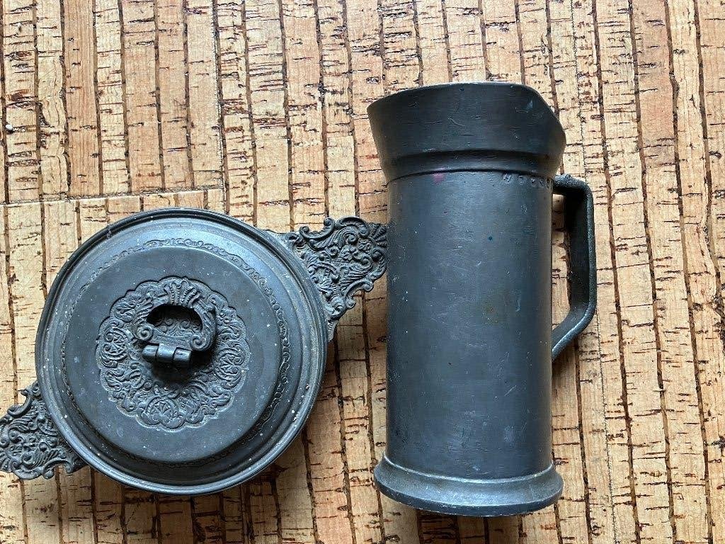 Tinnen maatbeker en schaaltje tin, Antiek en Kunst, Ophalen of Verzenden