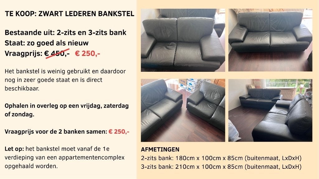 Zwart leren bankstel - slechts € 250,-, Ophalen, Zo goed als nieuw, Leer, Modern