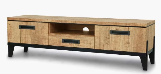 Robuust mangohouten/metalen tv-meubel (Lucania Union), Huis en Inrichting, Kasten | Televisiemeubels, 150 tot 200 cm, Industrieel, Modern