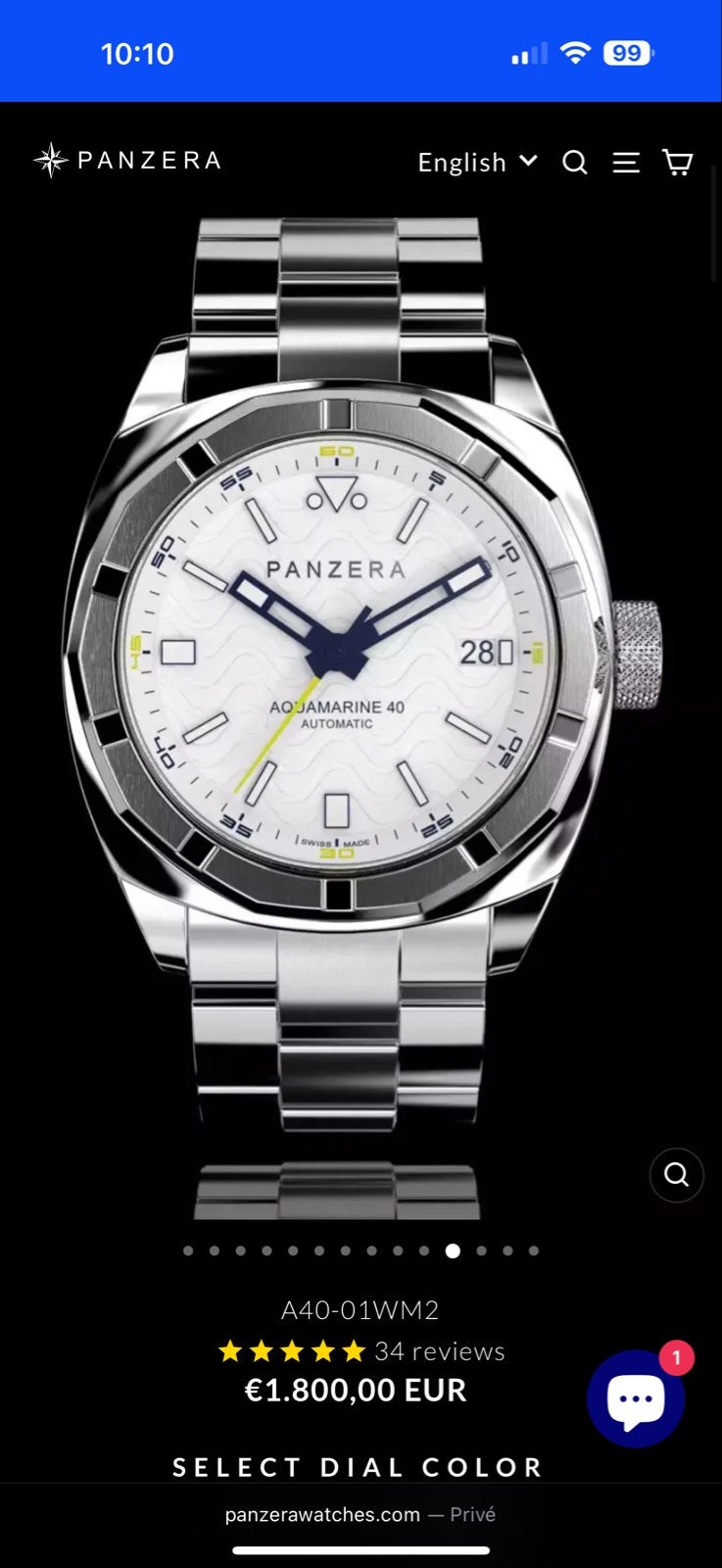 Panzera Aquamarine 40 Automatic Horloge - Nieuw in doos, Overige merken, Staal, Staal, Polshorloge