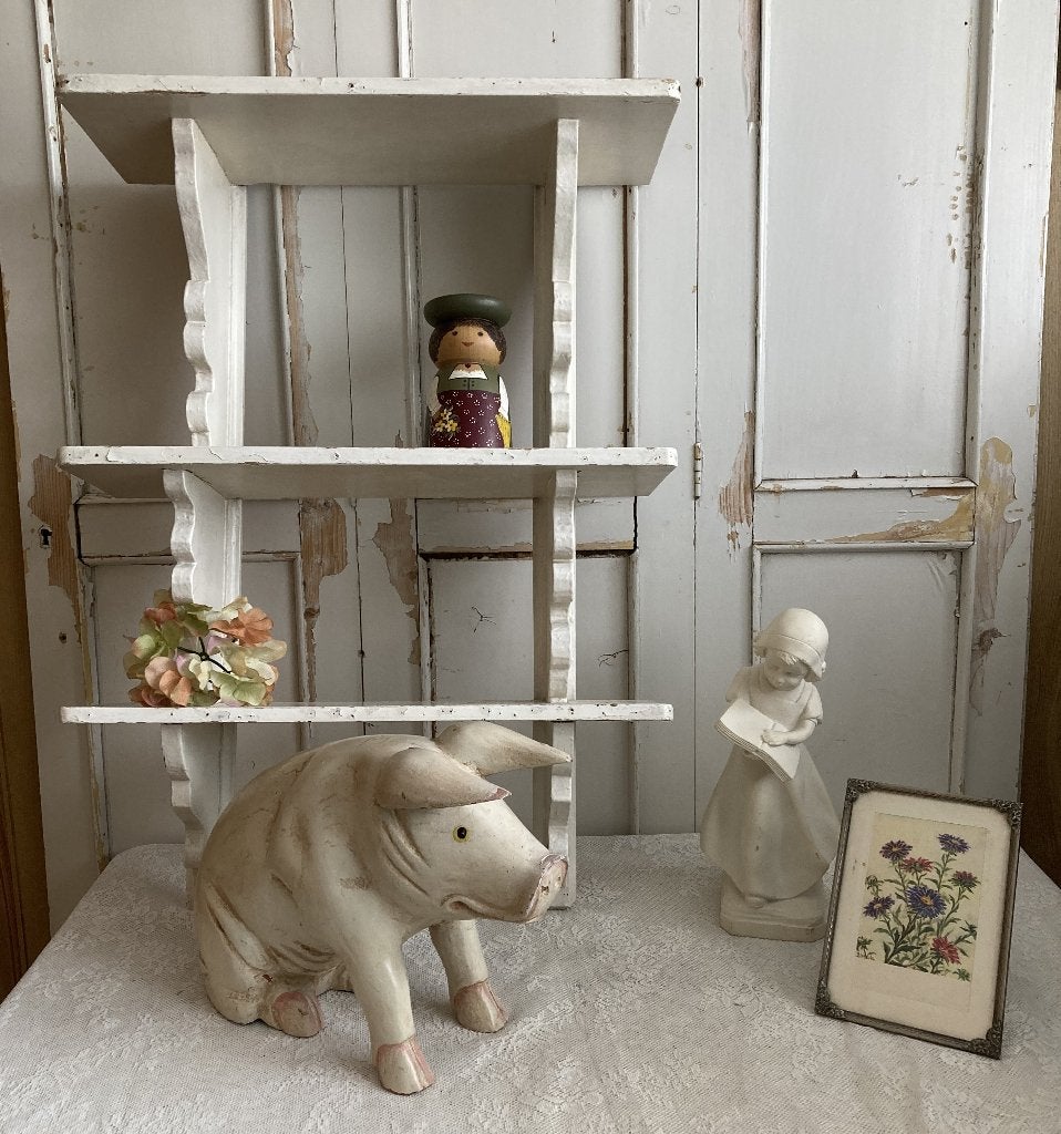 Brocante houten regaal, varkentje & kandelaar - fotolijstje, Ophalen of Verzenden
