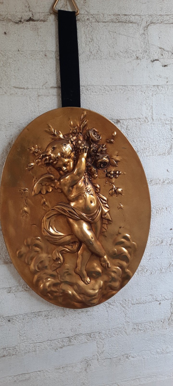 Vintage bronzen reliëf met engel en bloemen, Ophalen of Verzenden