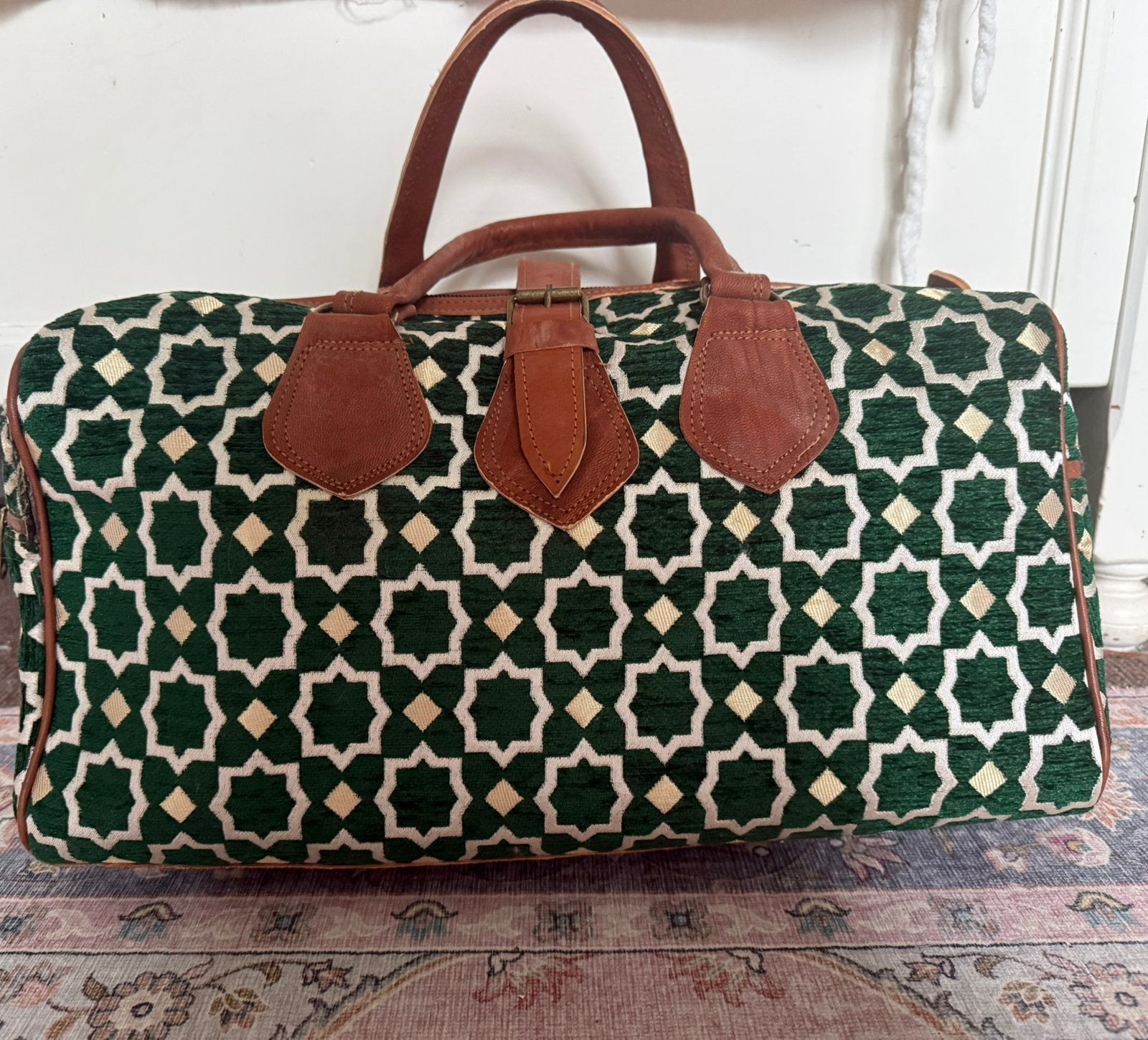 Nieuwe handgemaakte reistas  met leren hengsels, Verzenden, Groen, Shopper