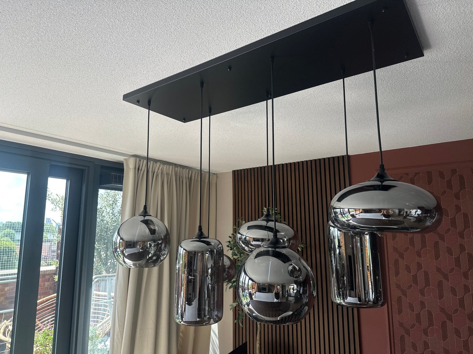 Moderne hanglamp met 7 bollen - Chroom/Zwart, Ophalen, Zo goed als nieuw, Glas