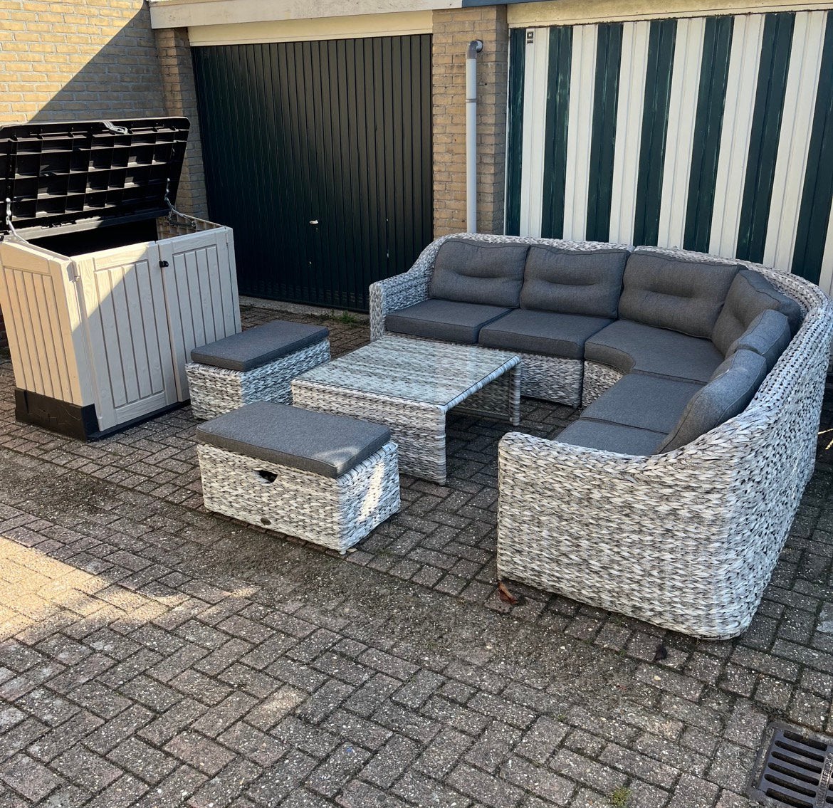 Mooie grote luxe loungeset met kussenbox prachtige kussens, Tuin en Terras, Ophalen, Zo goed als nieuw, Wicker
