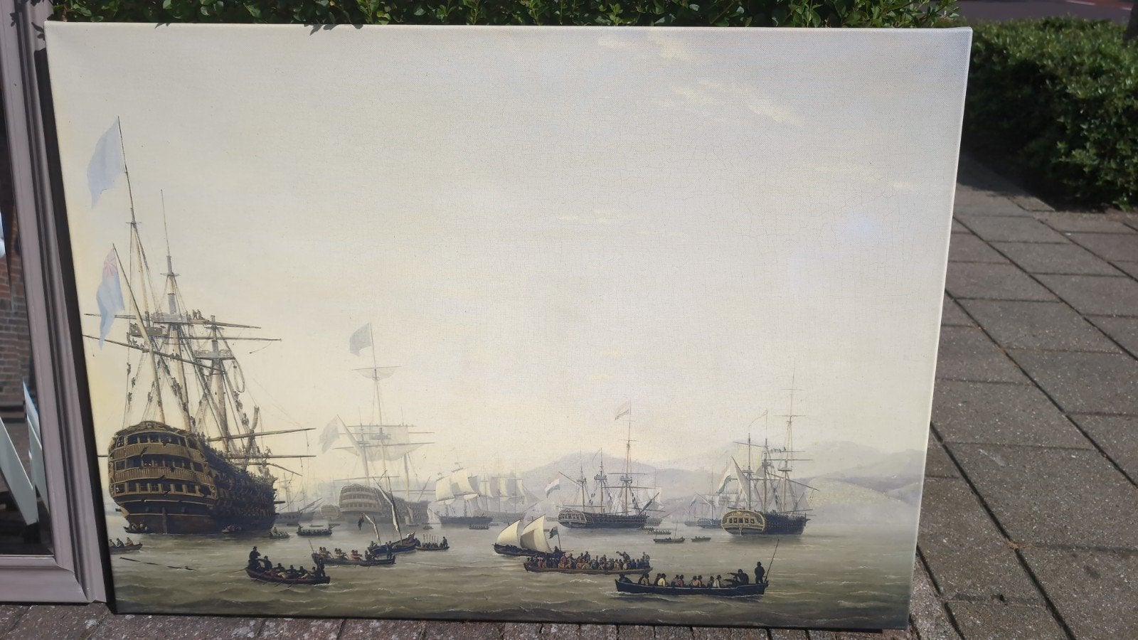 Groot Schilderij: Historisch Zeegezicht met Schepen, Antiek en Kunst, Kunst | Schilderijen | Klassiek, Ophalen of Verzenden