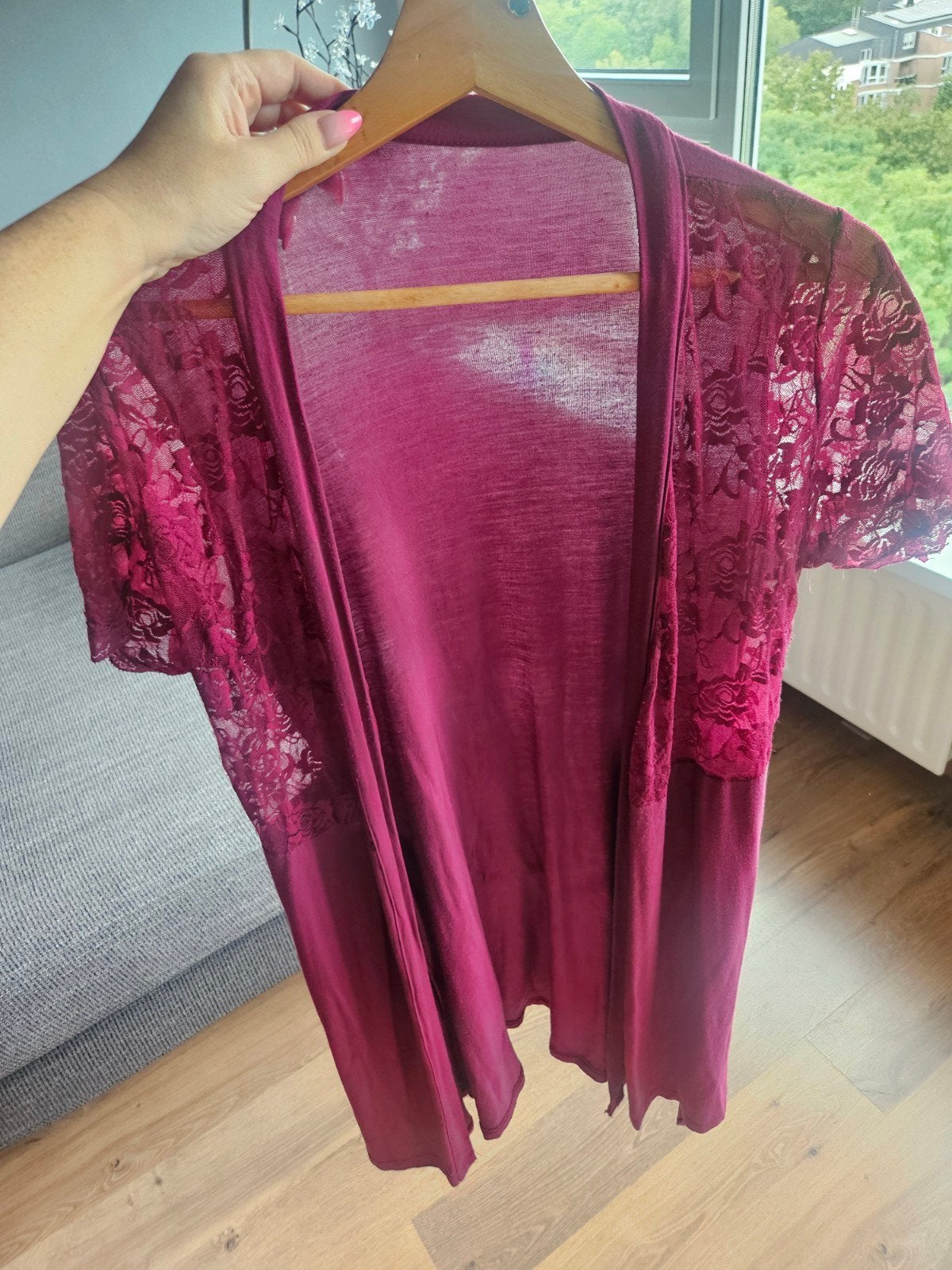 Bordeaux/donkerroze kimono met kant en ceintuur - Maat M, Ophalen of Verzenden