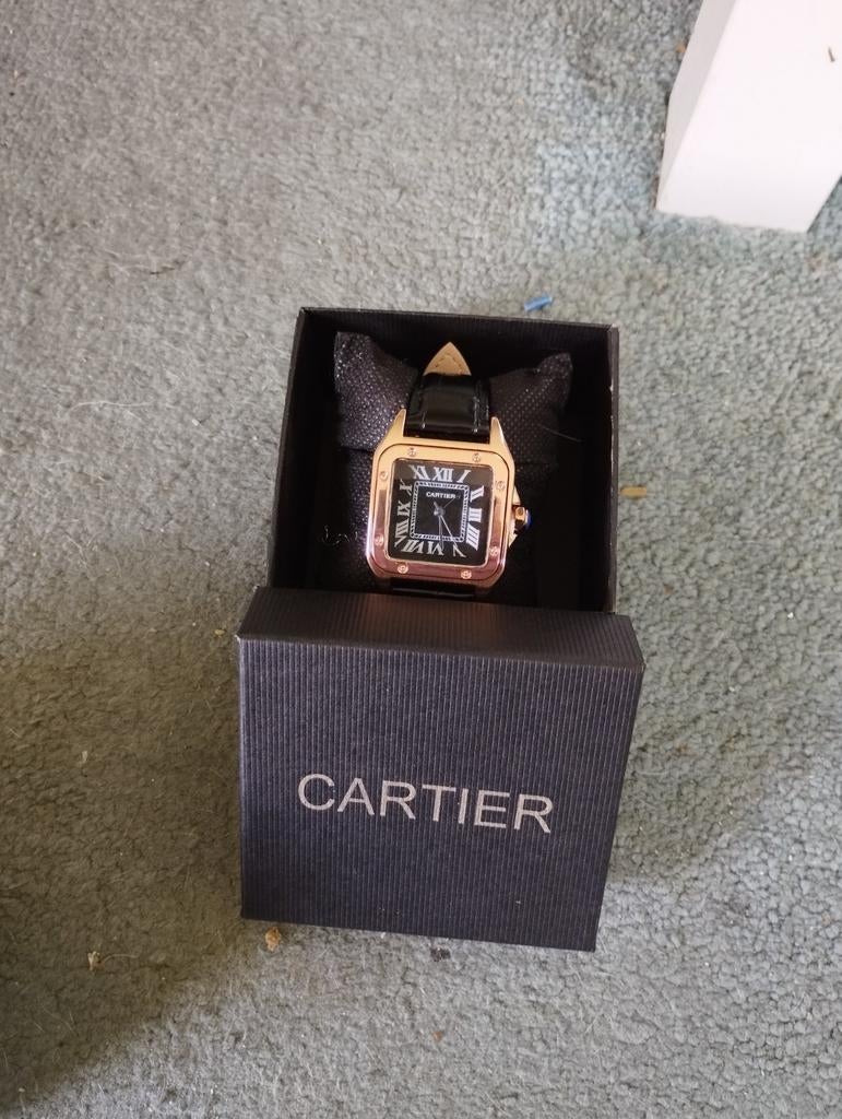 Dames Cartier Santos Rose Goud Zwart Leren Band 33mm Nieuw, Overige merken, Overige materialen, Leer, Polshorloge