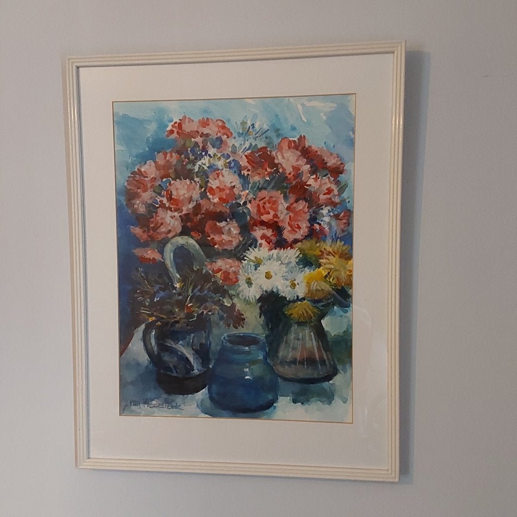 Aquarel  bloemen, Achter glas, Aquarel, Papier, Ophalen