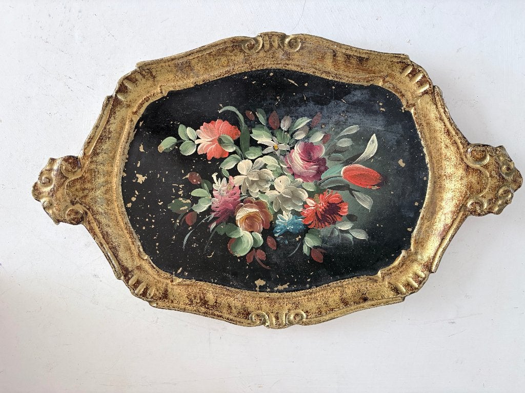 OUD ITALIAANS DIENBLAD MET BLOEMEN, Ophalen of Verzenden