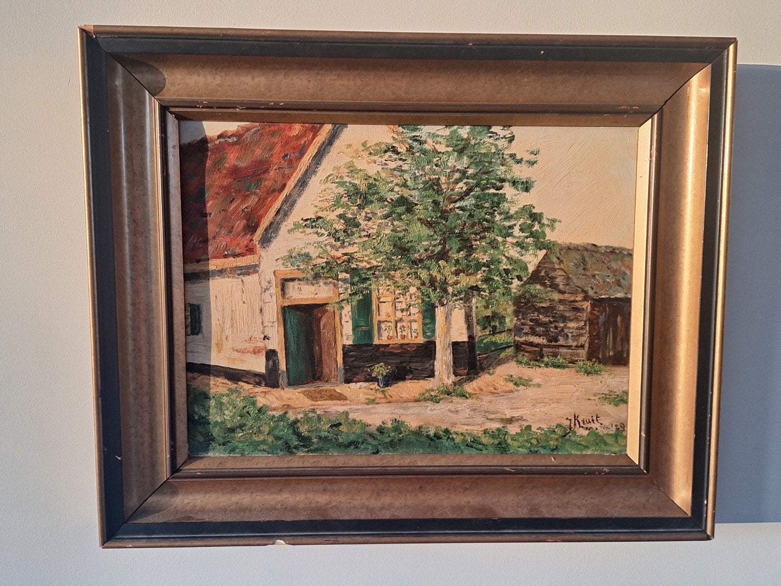 Olieverfschilderij 'Huisje aan het water' - Gesigneerd, Paneel, Realistisch, Ophalen of Verzenden, Gedateerd