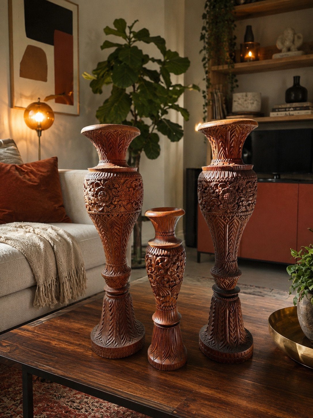 Set van 3 grote handgesneden houten vazen, grote 76 cm, Ophalen of Verzenden