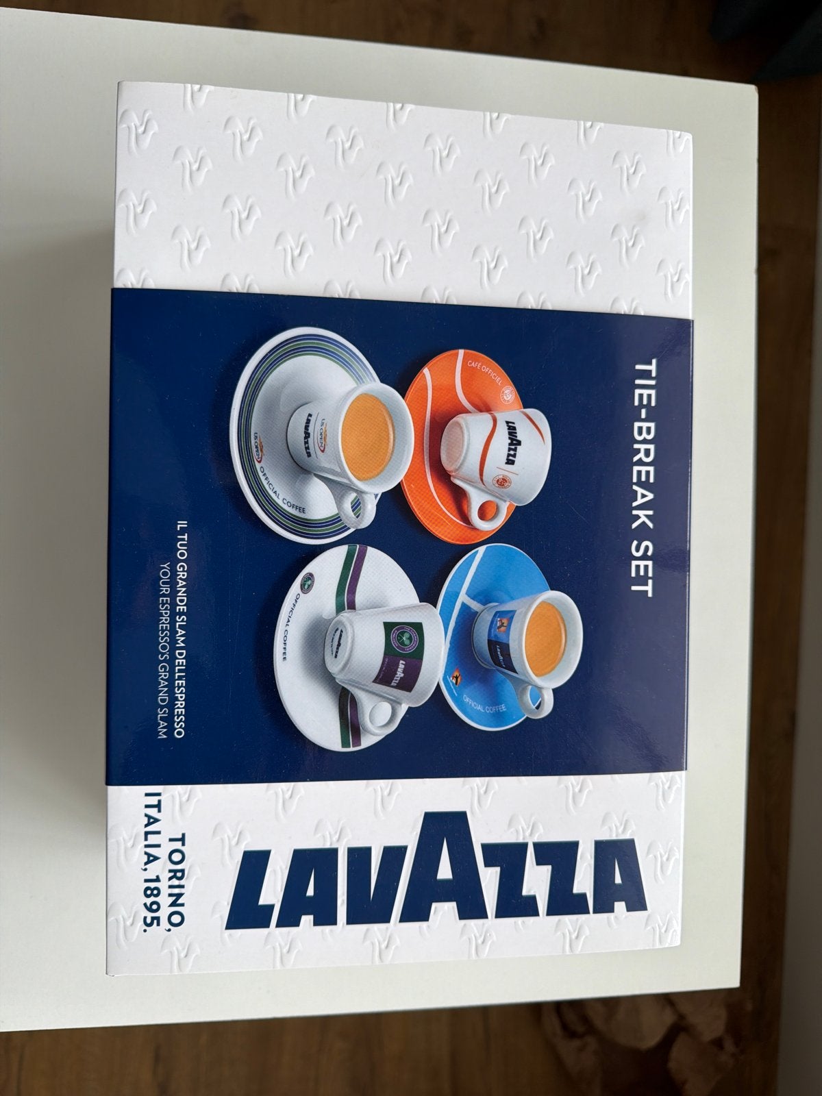 Lavazza Tie-Break Set - 4 espresso kopjes met schotels, Ophalen, Overige merken, Keramiek, Vintage