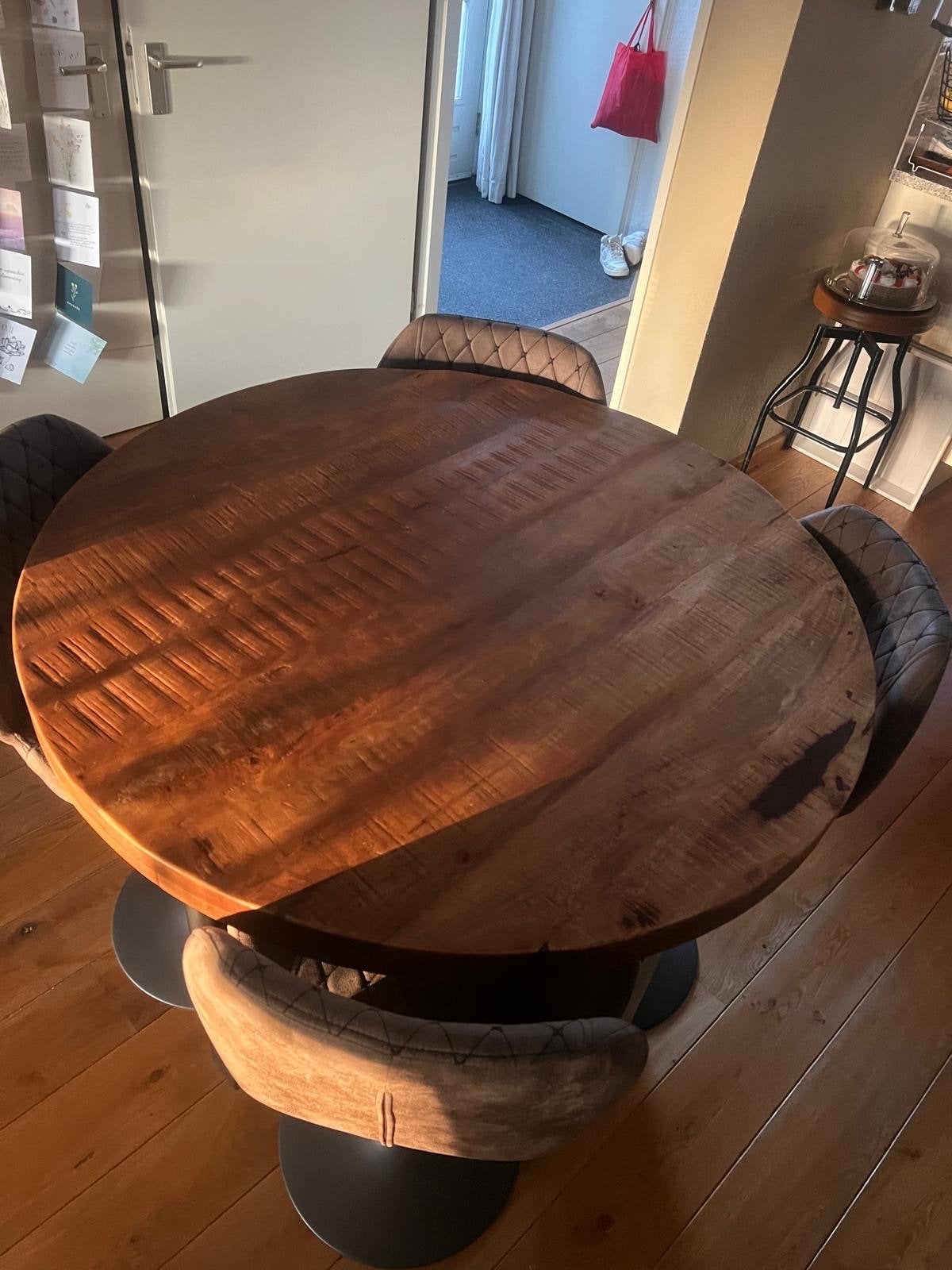 Ronde mangohouten bartafel met 4 barkrukken, Ophalen, Gebruikt, 100 tot 150 cm, Rond