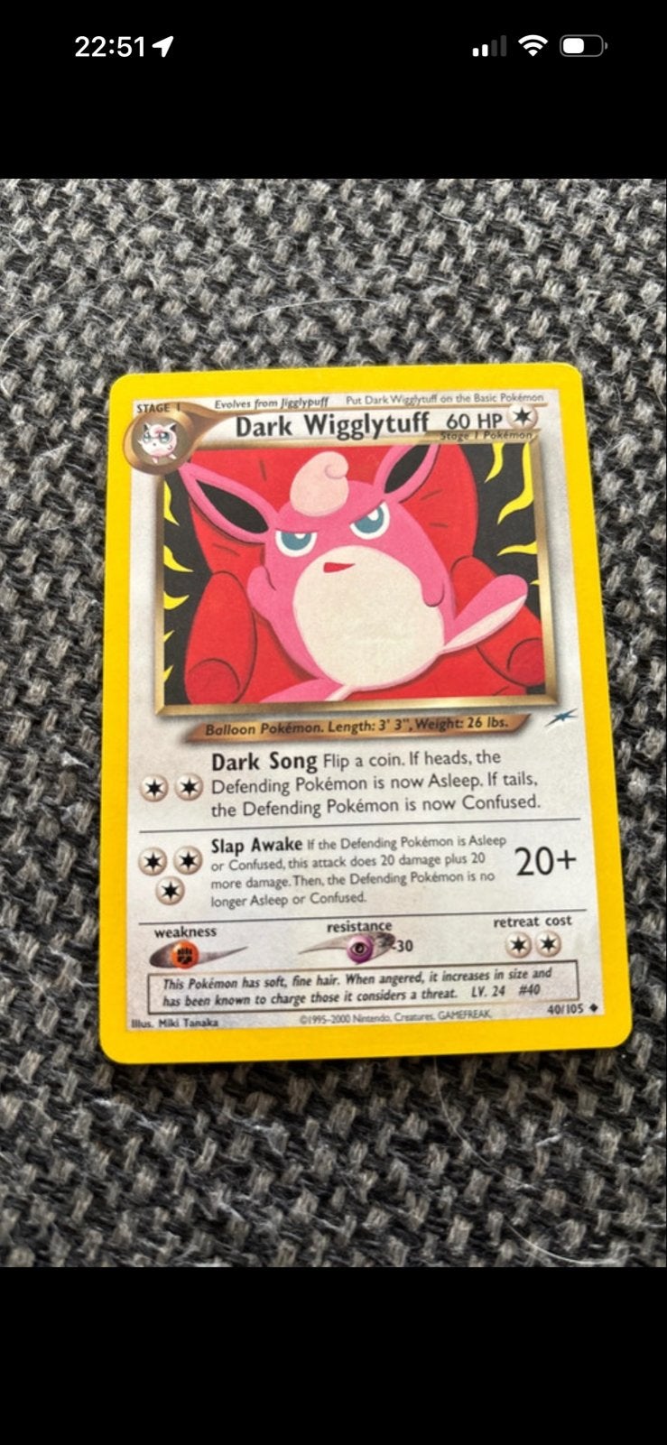 Dark Wigglytuff Pokémon Kaart - 40/105 Neo Destiny, Ophalen of Verzenden, Gebruikt, Losse kaart