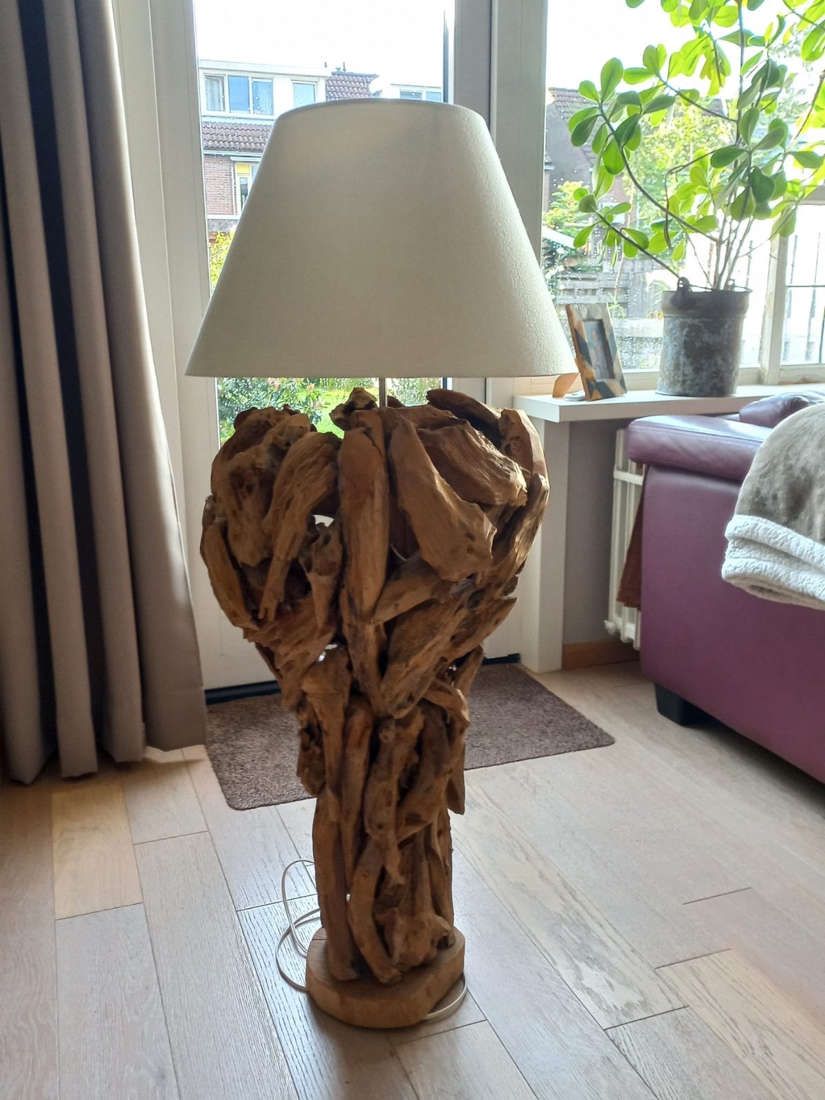 Unieke houten lampvoet met kap - 110 cm hoog, Ophalen, Gebruikt, Hout, 100 tot 150 cm