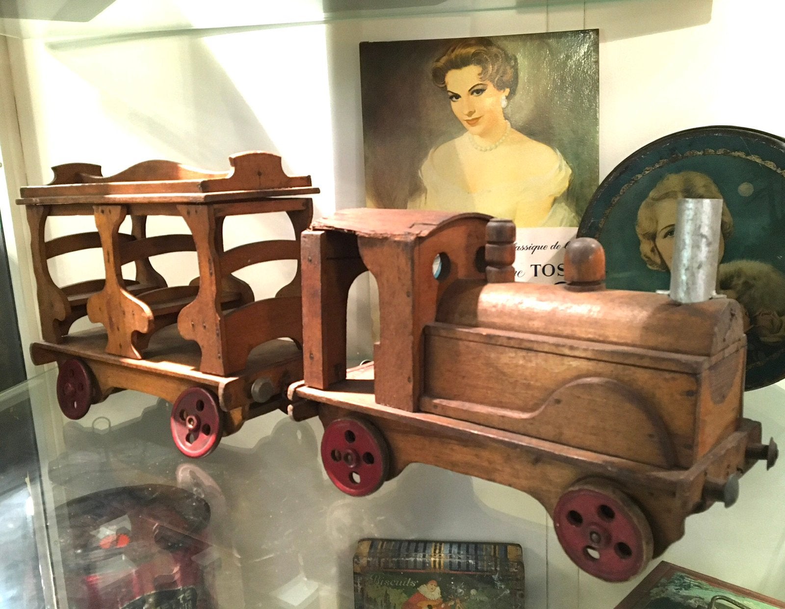 Antieke Houten Speelgoed Trein met Wagon, Ophalen of Verzenden