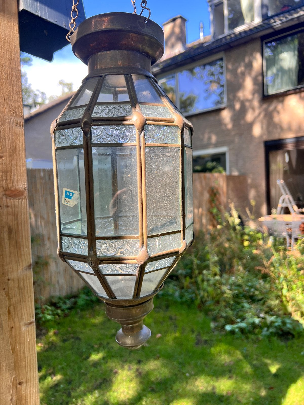 Oude Franse Brocante Koperen Lamp met Geslepen Glas, Antiek en Kunst, Antiek | Lampen, Ophalen of Verzenden