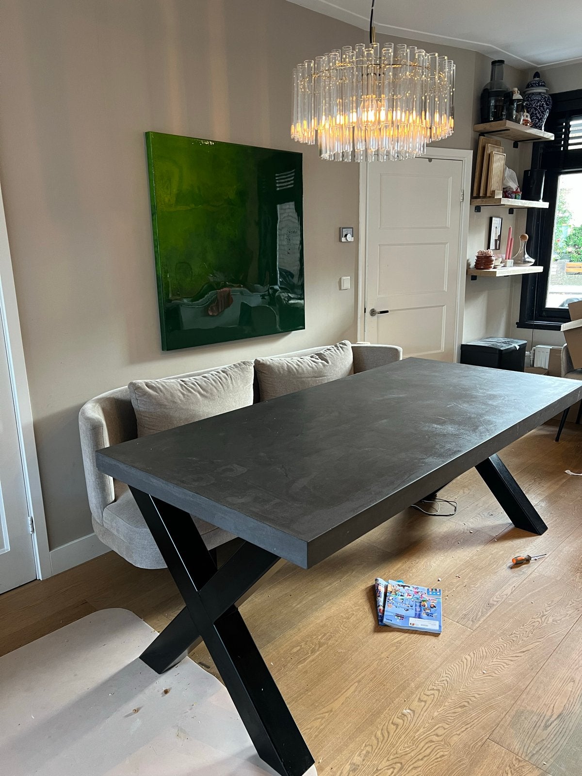 Eettafel betoncire grijs en X-poten 200x95cm, Ophalen, Overige materialen, Gebruikt, 50 tot 100 cm