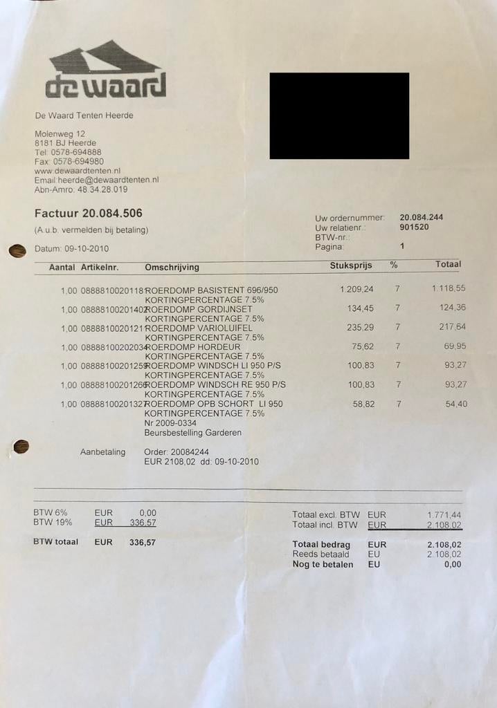 Roerdomp tent van de Waard, Ophalen, Zo goed als nieuw, Tot en met 4