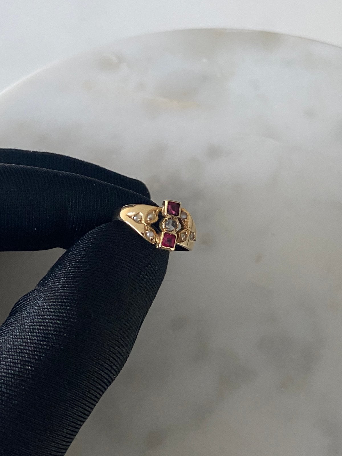 Vintage 14K geelgouden ring met diamant zaadparels en simili, R, Verzenden, L, Dame