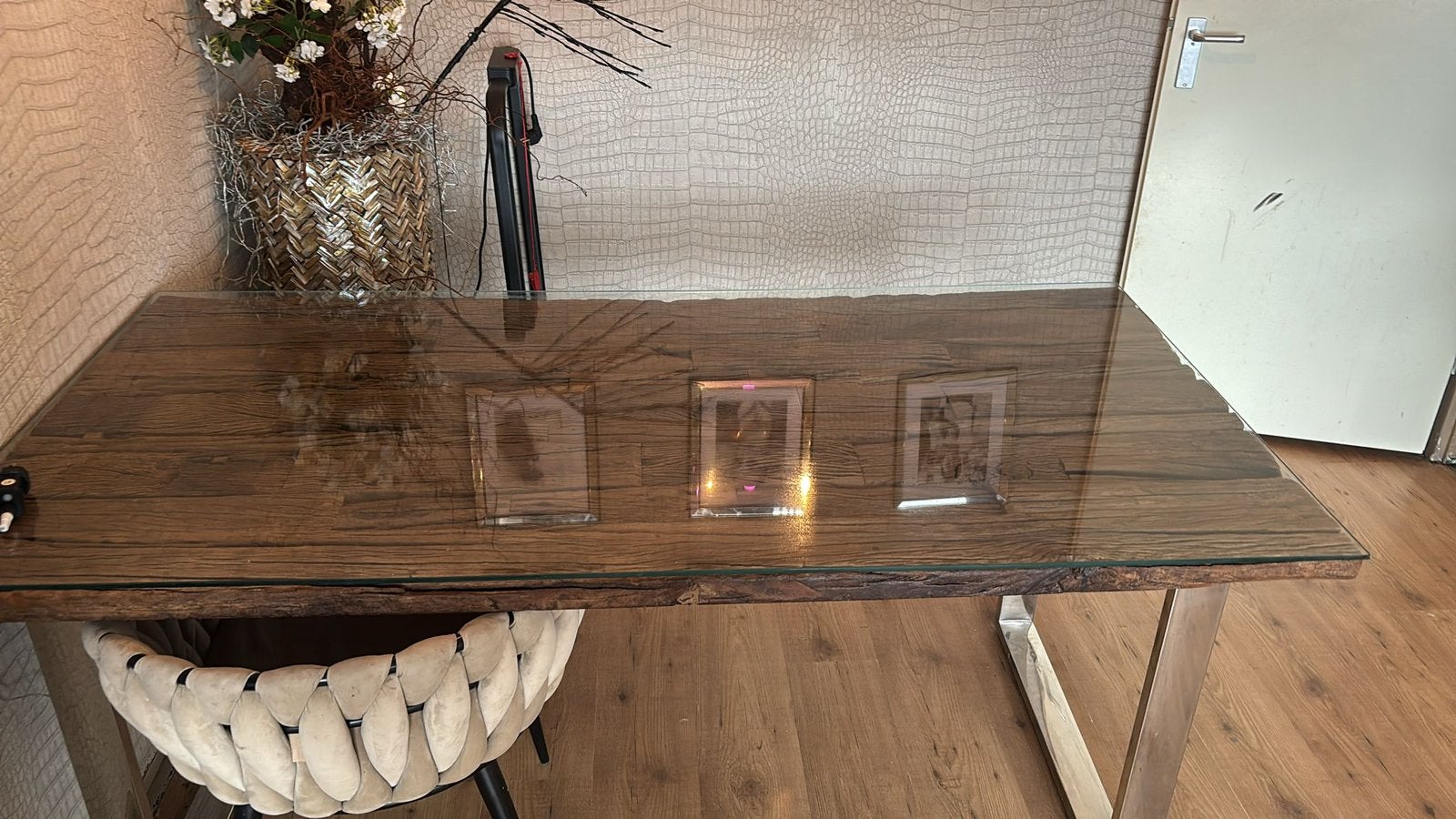 Eettafel, hout met glasplaat 90 x 180, Ophalen, 50 tot 100 cm, Zo goed als nieuw, 150 tot 200 cm