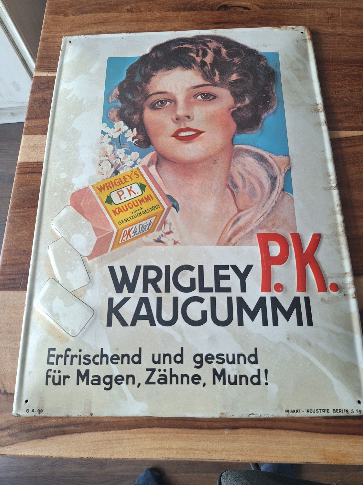 Vintage Wrigley's PK Kaugummi reclamebord, Verzamelen, Ophalen of Verzenden, Gebruikt, Reclamebord