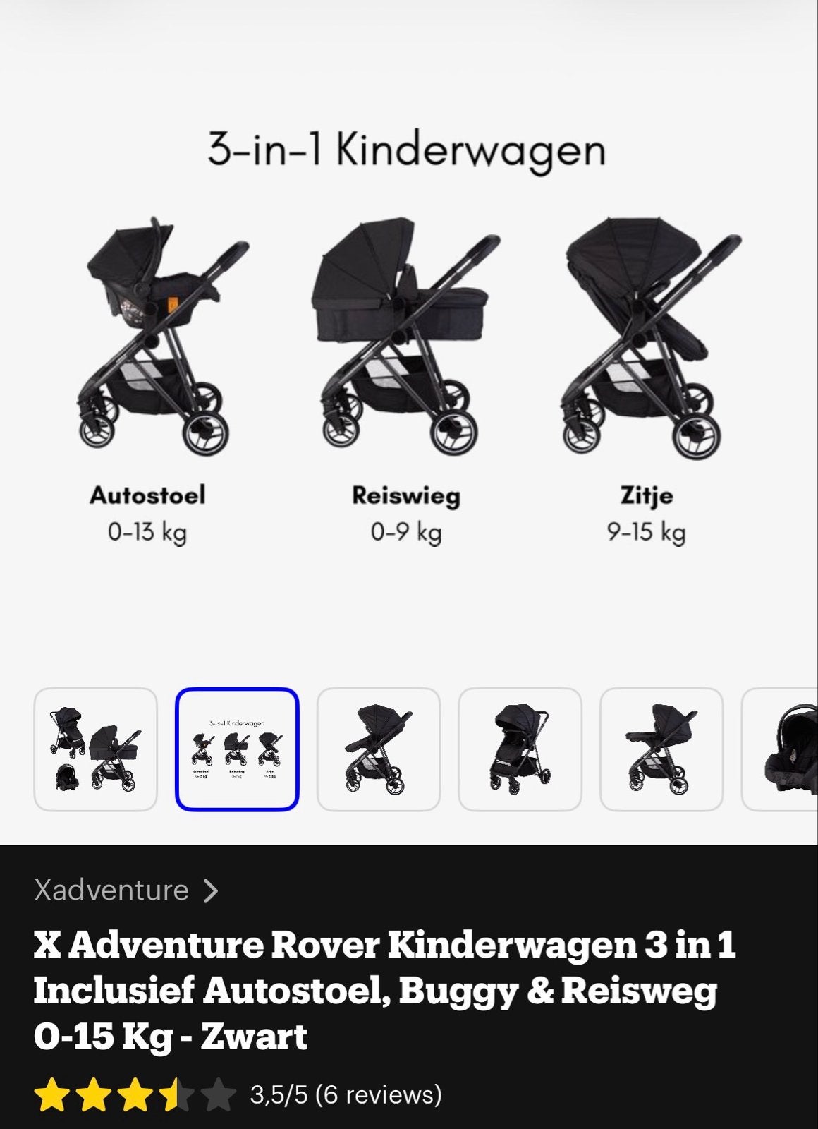 X Adventure Rover Kinderwagen 3-in-1 Zwart, Nieuw, Combiwagen, Met autostoeltje, Ophalen