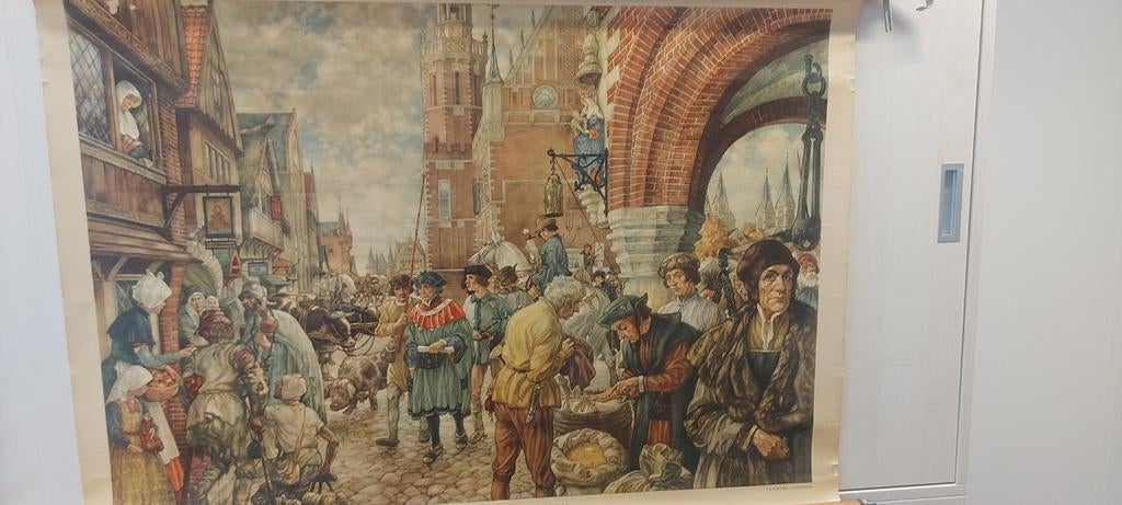 Schoolplaat "Stad in de Middeleeuwen", Ophalen of Verzenden, Geschiedenis