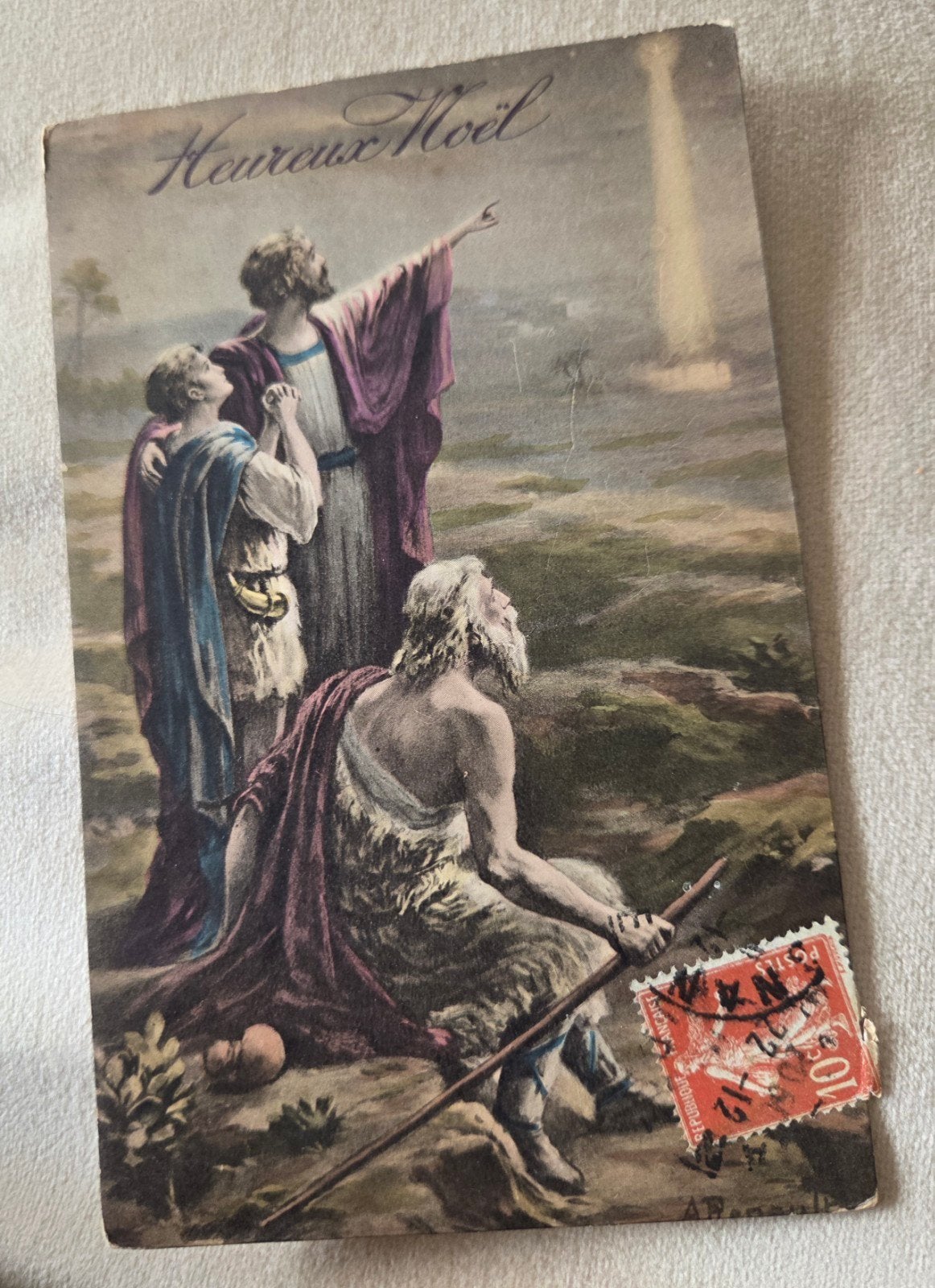 Oude Kerstkaart 'Heureux Noël' met stempel en Franse tekst, Verzamelen, Verzenden, Voor 1920, Gelopen, Feest(dag)