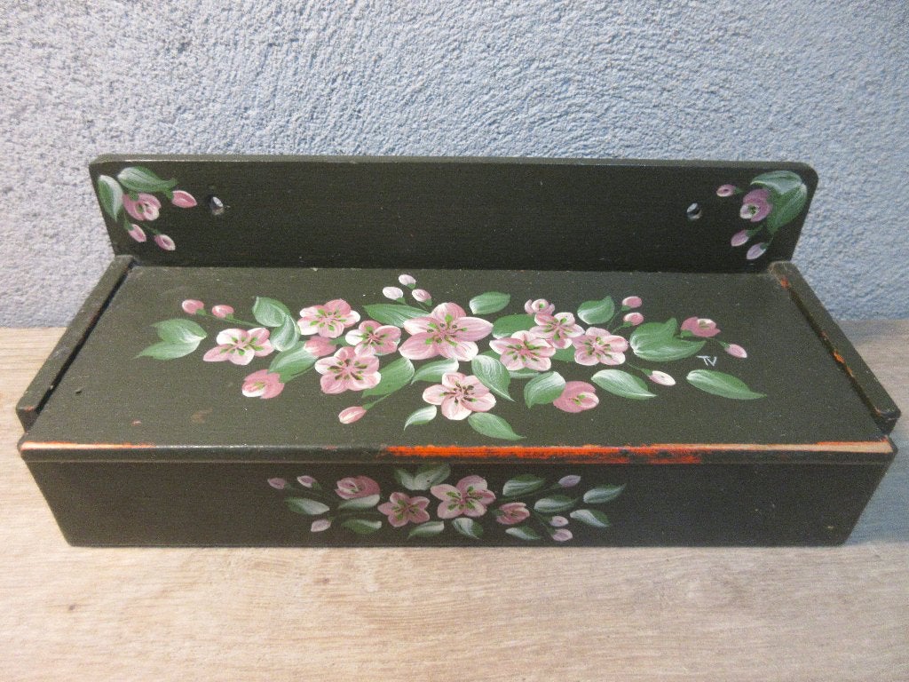 Antiek houten kammenbakje beschilderd met roze bloemen, Ophalen of Verzenden