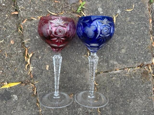 Set van 2 Gekleurde Kristallen Wijnglazen, Antiek en Kunst, Antiek | Glas en Kristal, Ophalen