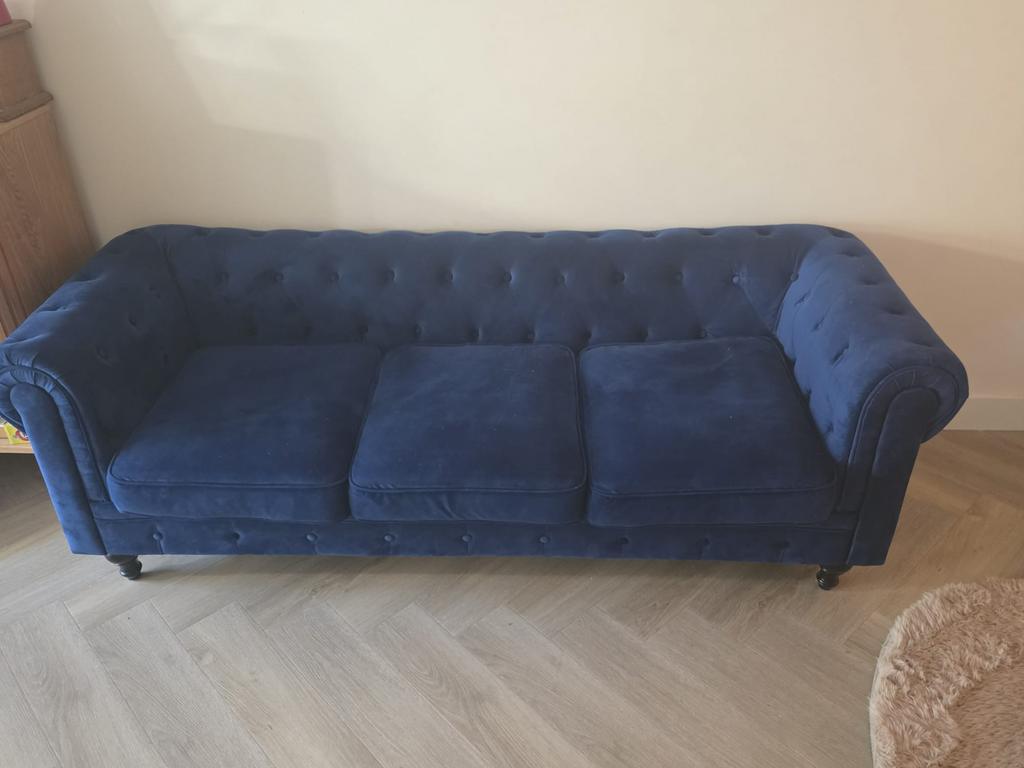 Blauwe bank in Chesterfield stijl, Ophalen, Gebruikt, 150 tot 200 cm, Chesterfield