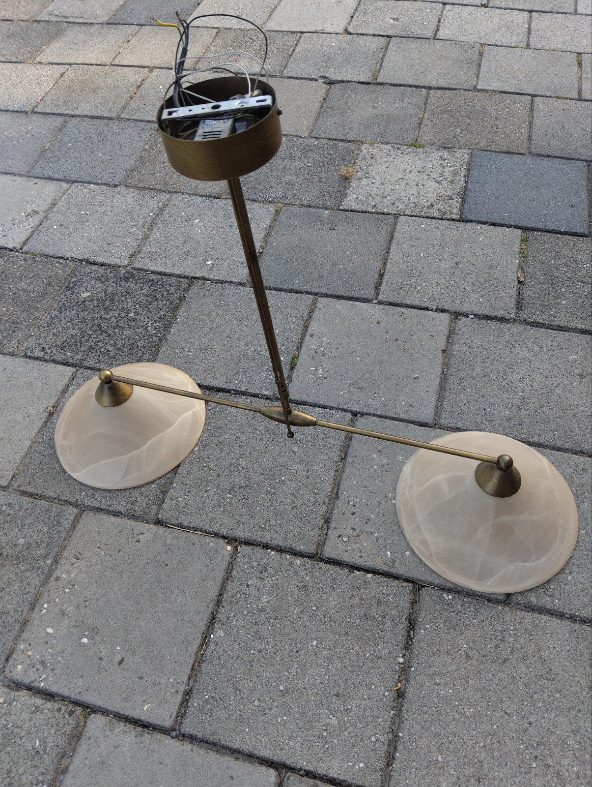 Vintage Messing Plafondlamp met Twee Glazen Kappen, Ophalen, Gebruikt, Vintage, Klassiek, E27 (groot)