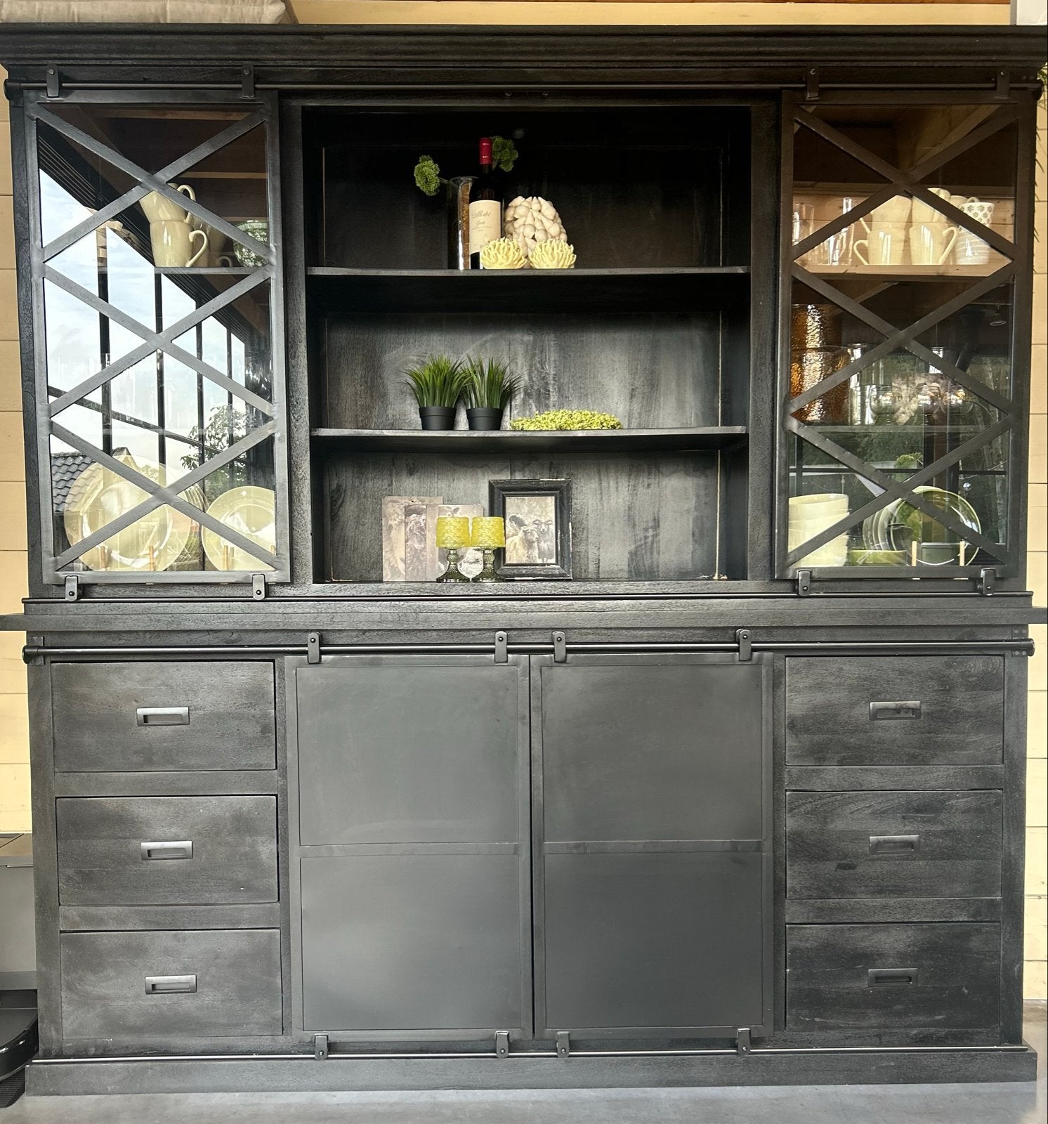 Mangohouten Buffetkast Milan 220 cm Zwart €1000,00, Ophalen, 200 cm of meer, Nieuw, Met lade(s)