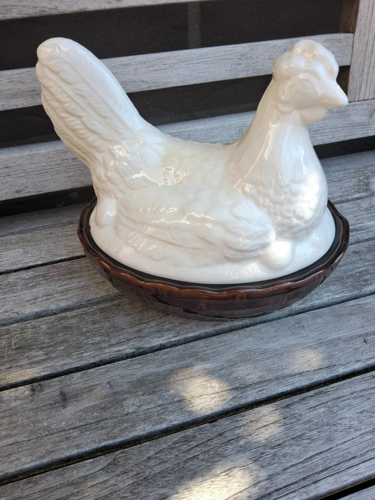 Vintage keramieken kip eierhouder - 23x17 cm, Vintage, Gebruikt, Ophalen of Verzenden, Wit