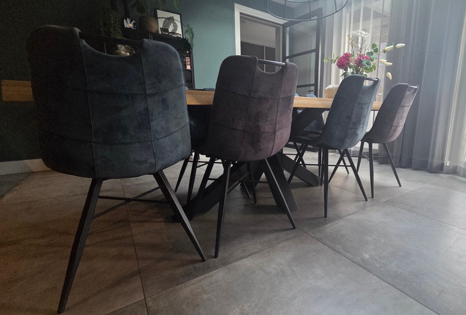 Set van 8 eetkamerstoelen HACO - Petrol/Antraciet, Ophalen, Zo goed als nieuw, Metaal, Vijf, Zes of meer stoelen