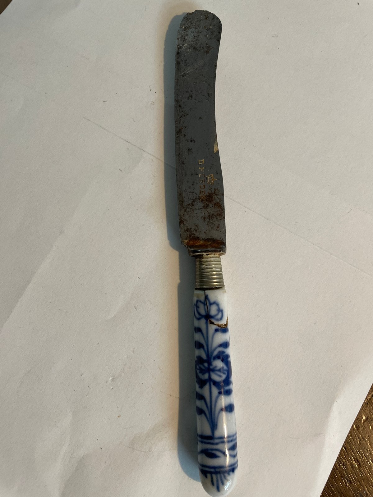 Antiek botermesje met Delfts blauw handvat - Kleine beschadi, Antiek en Kunst, Ophalen of Verzenden