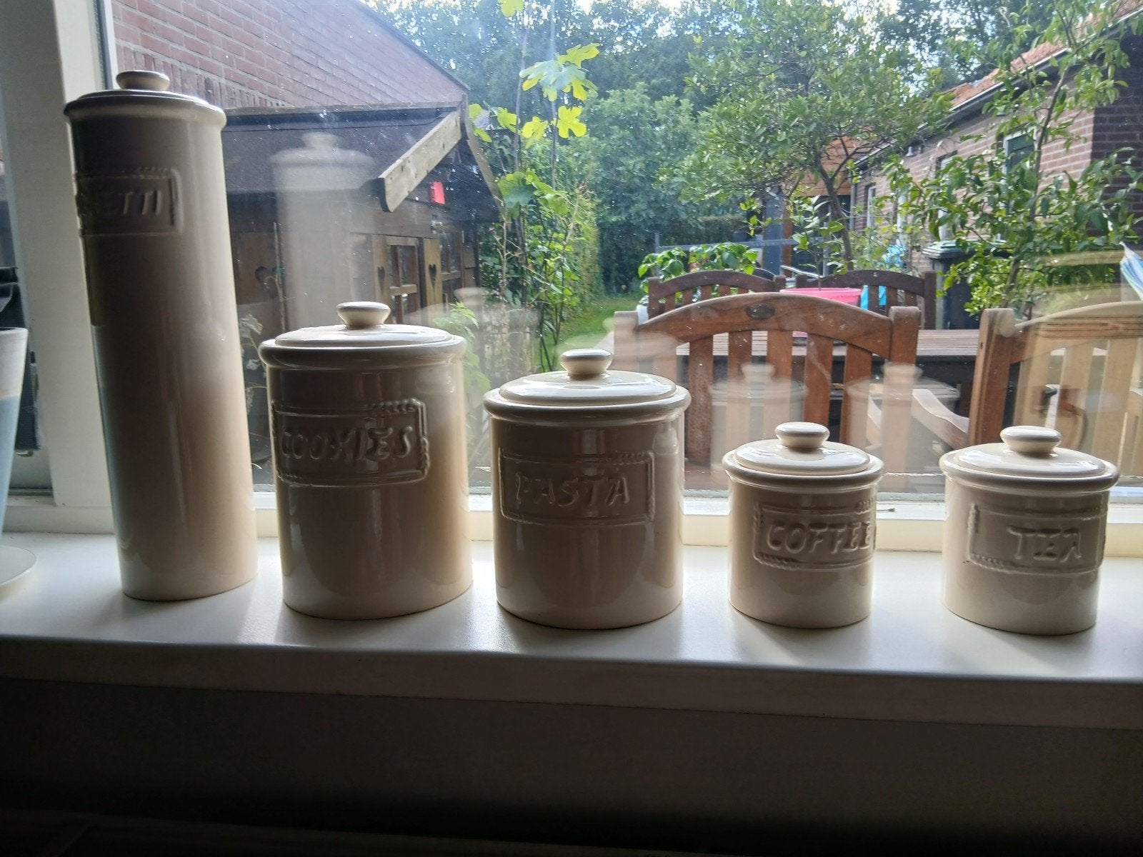 Set van 5 crèmekleurige voorraadpotten (keramiek), Beige, Ophalen of Verzenden, Zo goed als nieuw, Voorraadpot