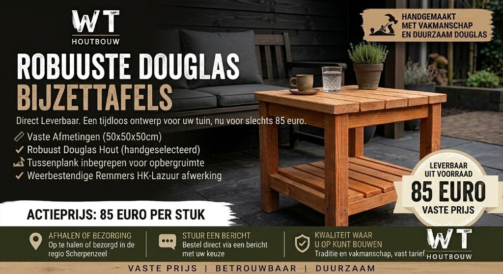 Robuuste Douglas Bijzettafel - 50x50x50cm, Minder dan 55 cm, Vierkant, Nieuw, Robuust, Tijdloos, Tuin