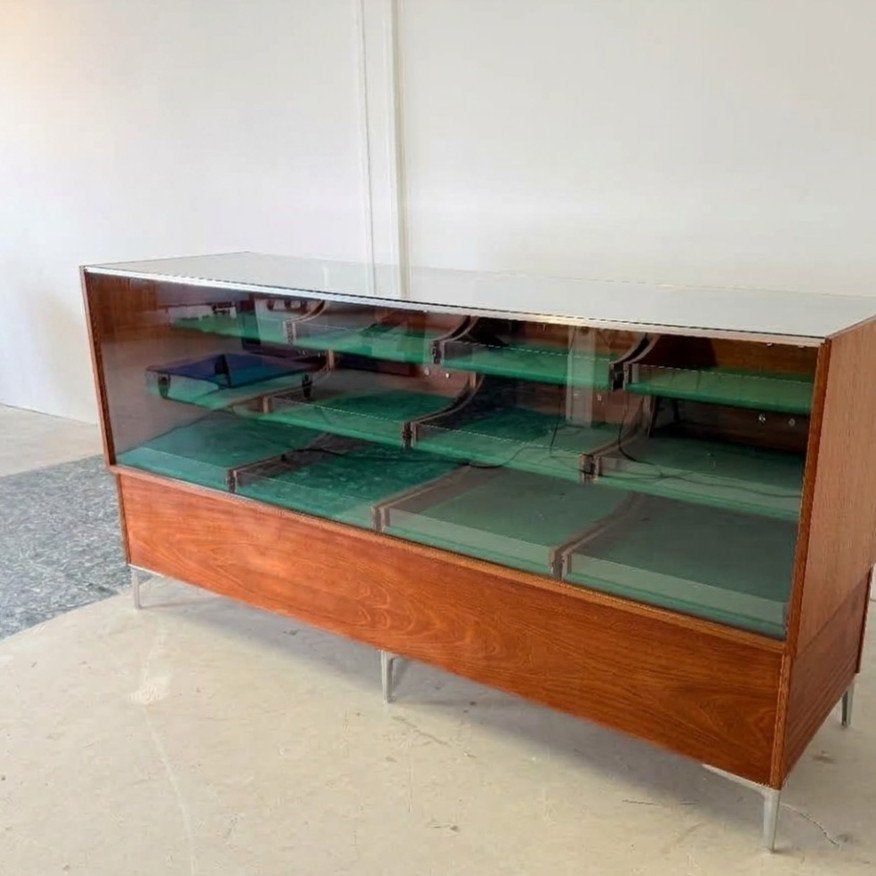 Mid-Century Vitrine Toonbank – Mahonie, Chroom & Gehard Glas, Ophalen of Verzenden