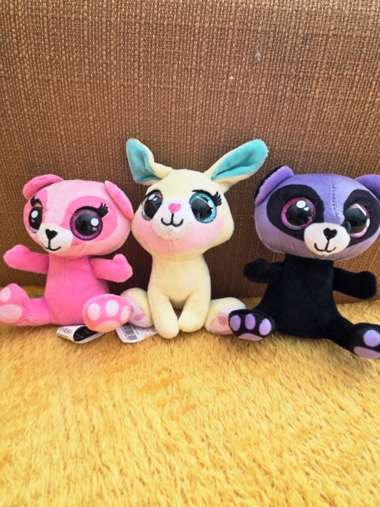 Schattige knuffels: roze beer, geel konijn, paarse wasbeer, Beer, Ophalen of Verzenden, Roze, Klein (minder dan 20 cm)